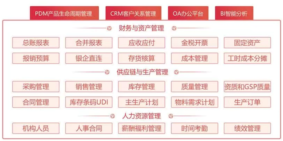 指掌天下产品应用领域：财务、供应链、人力资源及 PDM CRM OA BI
